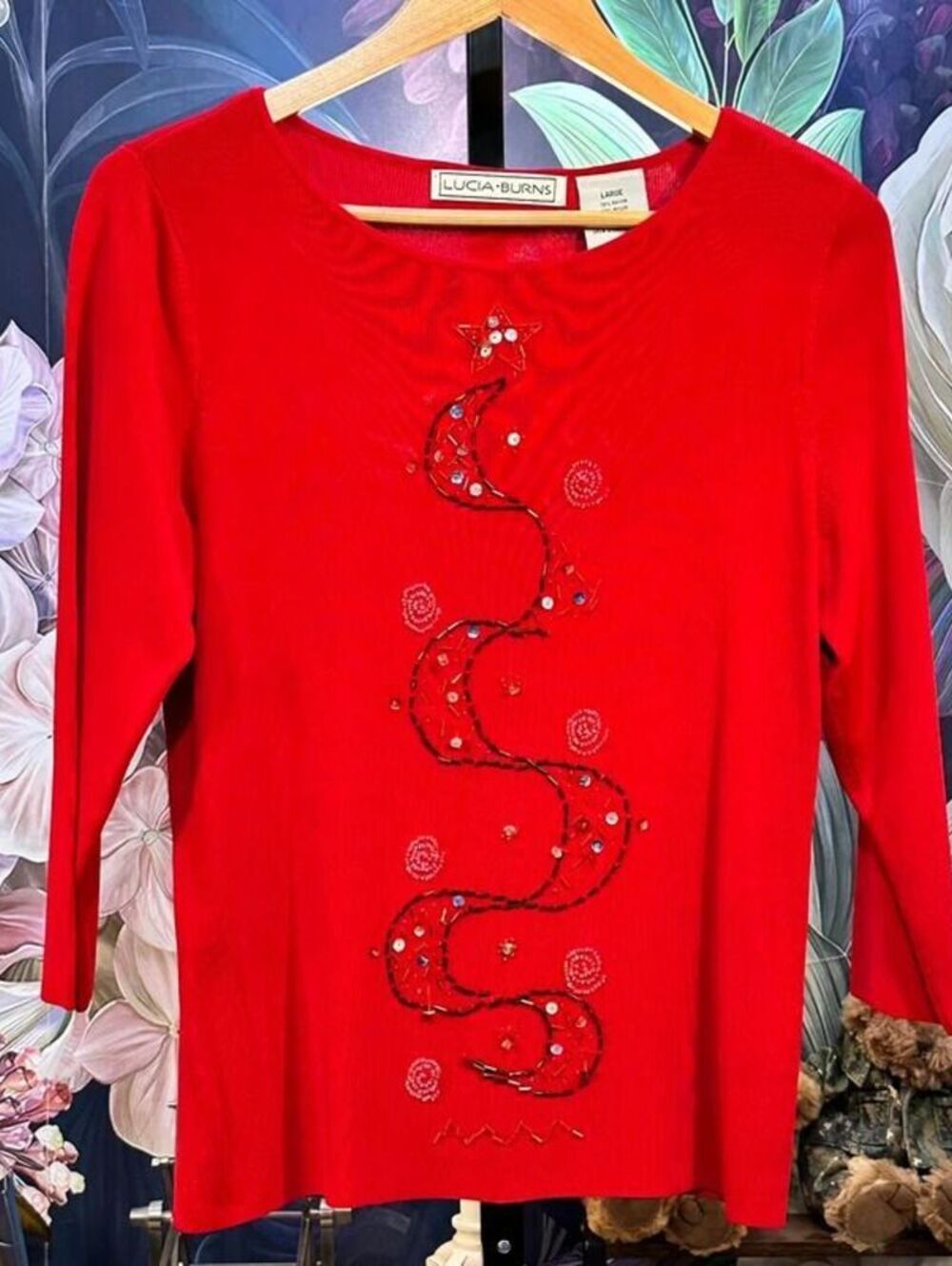 Lucia Burns L Beaded Sequin Moon Star Sweater Y2K Celestial Whimsigoth Red